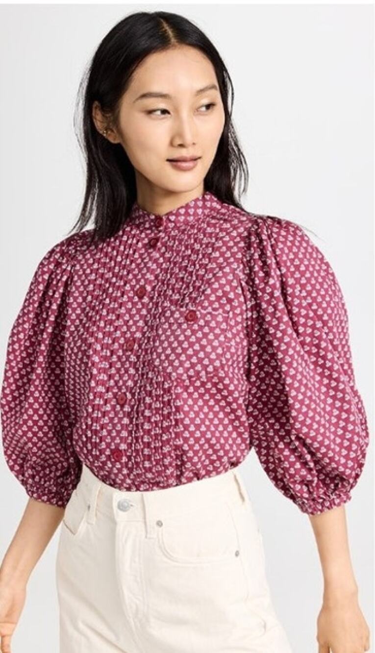 by TiMo Structured Cotton Shirt in Cranberry Floral Dots Medium Puff Sleeve